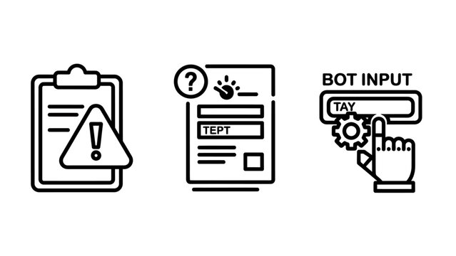 Data input and form validation icons showing warning clipboard error and automated bot interaction with clipboard validation management interface automated documentation technology development