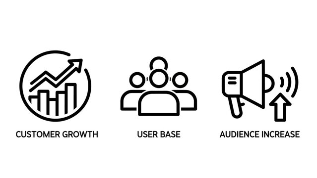 Business growth and audience expansion icons showing data increase user base and marketing megaphone with business marketing customer increase audience strategy megaphone statistics analytics