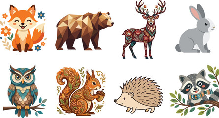 Fototapeta premium Creative collection of woodland animal illustrations including fox bear deer rabbit owl squirrel hedgehog and raccoon for nature design