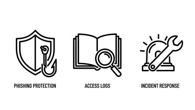 Cybersecurity icons depicting phishing protection access logs and incident response with security phishing protection incident response internet computer database monitoring information