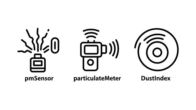 Environmental air quality and particulate matter monitoring icons with pollution particulate environment monitoring measurement technology particle atmospheric analysis detecting detection