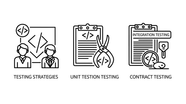 Software testing strategies and code quality icons with software development strategy contract debugging assurance programmer verification validation automation internet computer analysis