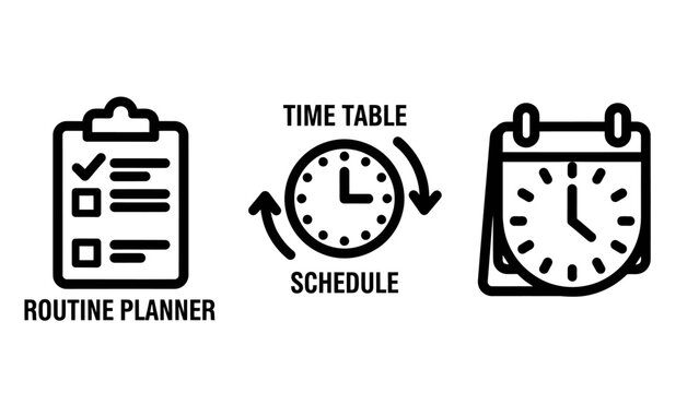 Routine planner and schedule management time icons with schedule calendar timetable management organization productivity planning checklist deadline efficiency business personal workflow
