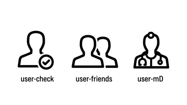 Set of user profile account management icons representing user verification friends and medical professional status with verification professional identity connection interface collection