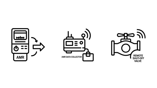 Utility metering and remote sensor device icons for smart infrastructure monitoring and wireless valve control with metering infrastructure monitoring wireless technology automation measurement