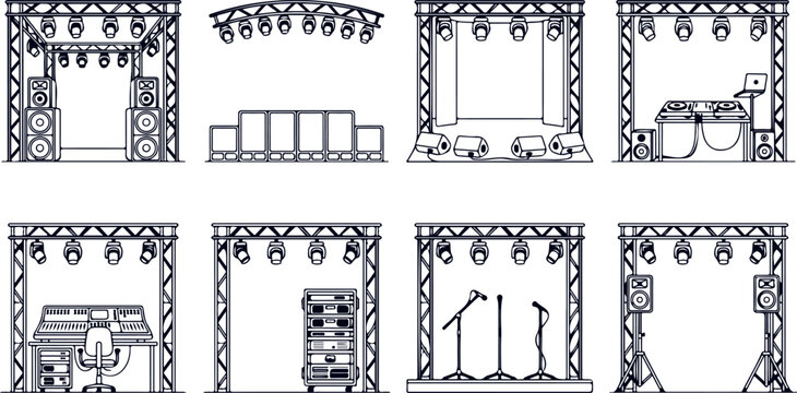 Complete stage setups with sound systems, dj decks, microphones, and lighting rigs.