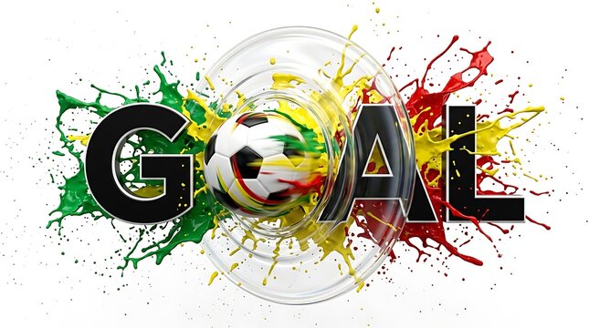 Impactful 'goal' text with a soccer ball at its core, surrounded by energetic green yellow red paint splashes and rings.