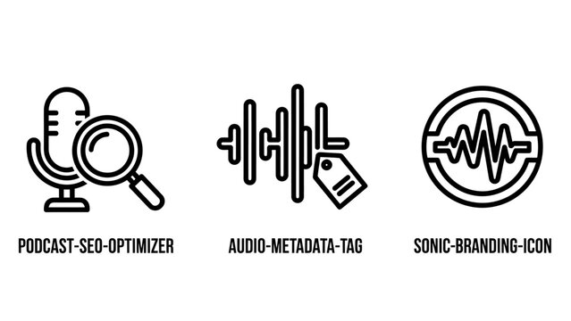 Podcast and audio branding metadata and branding icons with metadata branding microphone technology marketing optimization discoverability platform production broadcast recording waveform