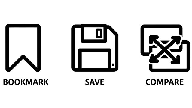 Set of digital interface icons including bookmark save and compare symbols with bookmark interface selection application software navigation collection features management function pictogram