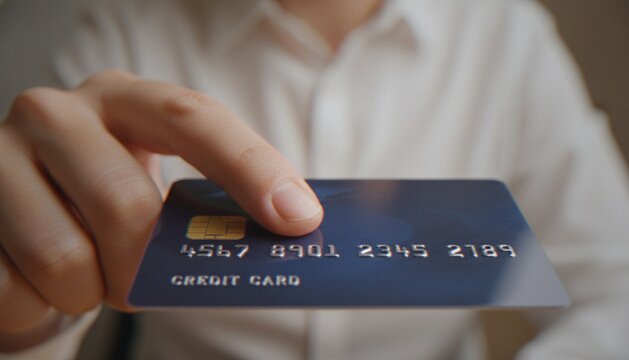 A close-up shot of a person's finger holding a blue credit card, symbolizing financial transactions, secure online payments, and banking services.