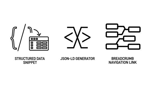 Set of web development and SEO icons for structured data and navigation with development structured generator breadcrumb navigation programming internet optimization technical brackets