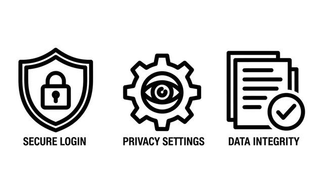 Data security and privacy protection icon set featuring secure login gear and integrity security protection integrity document internet encrypted authentication settings configuration