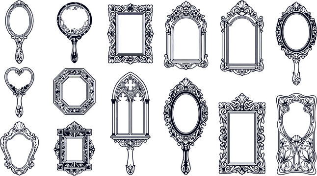 Ornate vintage mirror frames collection graphic illustration isolated on checkered background vector.