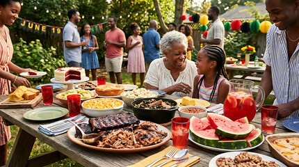 Obraz premium Vibrant multigenerational family and friends gather for a joyful outdoor summer backyard picnic, sharing a delicious feast, laughter, and creating cherished memories