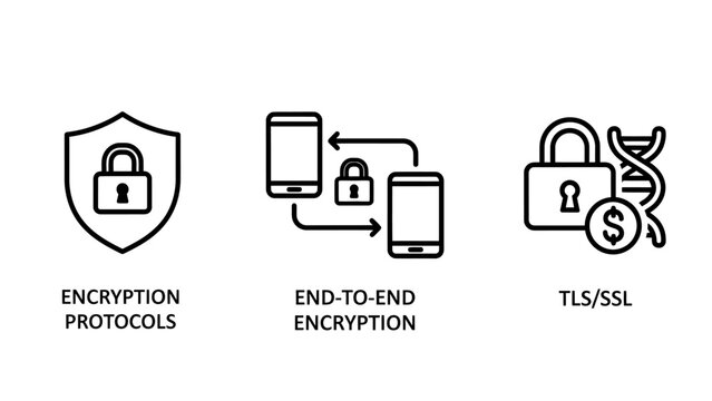 Set of cyber security and data privacy icons for encryption protocols and digital protection with encryption security protection protocol communication technology internet information software