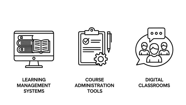 Educational technology icons set illustrating learning management systems course administration tools and digital classrooms with e learning management administration classroom education