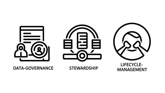 Data management and governance conceptual icons illustrating data stewardship lifecycle management and organizational compliance processes with management governance stewardship lifecycle strategy