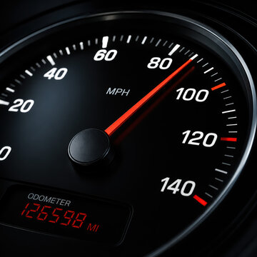 Close up of a car speedometer showing high speed with a red needle pointing at ninety miles per hour inside the dashboard