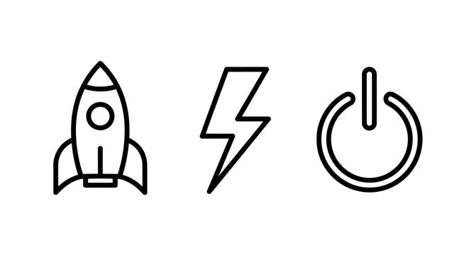 Set of outline icons representing rocket launch lightning bolt energy and power button symbols with lightning electricity interface business performance activation technology innovative
