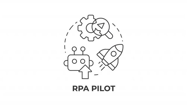RPA pilot line concept icon animation. Optimizing enterprise process efficiency. Intelligent digital operations. Animated outline round motion graphic. Minimal HD video with alpha channel