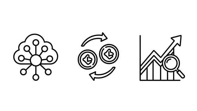 Network cloud connectivity business growth and exchange data icons set with exchange business analysis connection technology computing transfer investment performance strategy management