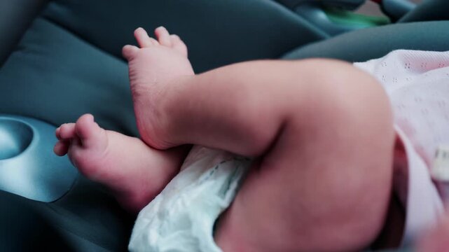Newborn baby legs and feet relaxing in child safety car seat during travel.