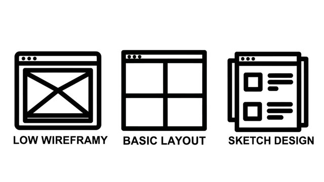 Web design wireframe layout and user interface sketch icons with wireframe interface prototype development planning structure creation architecture technology application software blueprint