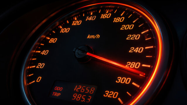 Glowing car speedometer dashboard gauge showing high speed at night with red light illumination inside a modern vehicle