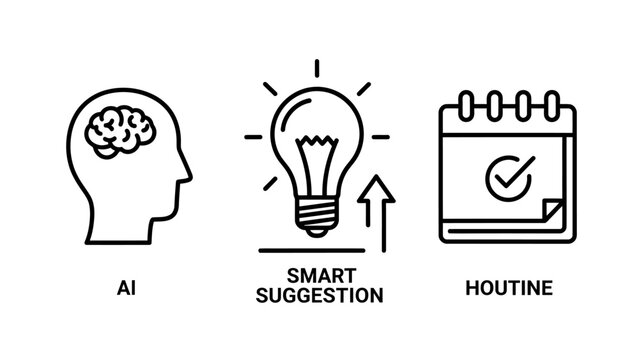Artificial intelligence concepts set featuring brain icon smart light bulb suggestion and schedule routine icons intelligence lightbulb suggestion schedule innovation technology thinking