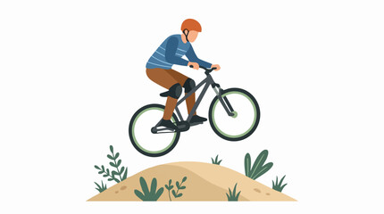 Fototapeta premium Mountain biker jumping over a dirt mound, flat vector illustration