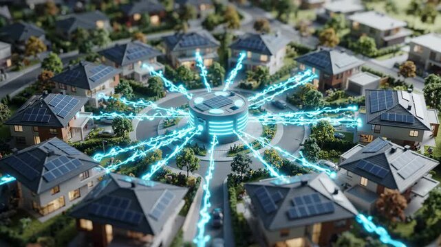 Hyper local sustainable solar energy powers houses in modern neighborhood with solar panels connected to central energy hub