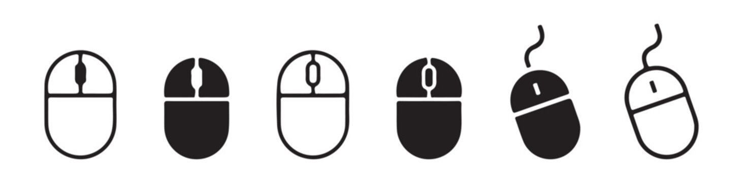 Computer mouse icons in different styles including outline and solid silhouettes for web design.