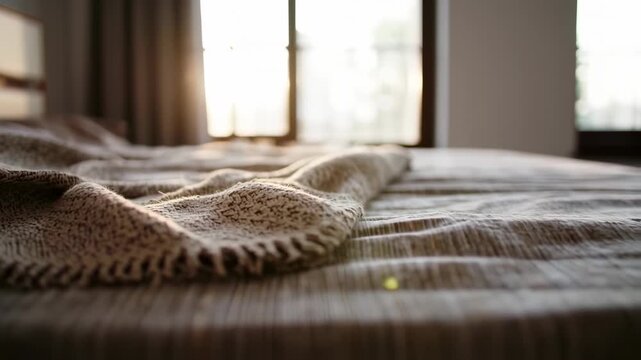 Soft beige blanket draped on a bed, sunlight streaming through a window