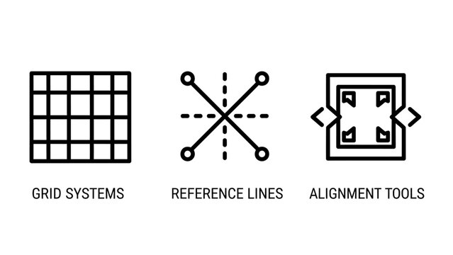 Graphic design layout tools icons set including grid systems reference lines and alignment tools with reference alignment template interface structure precision software development organize