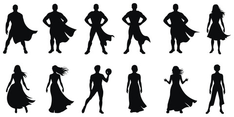 Superhero silhouette vector set with Heroic Pose, Cape icons and Dynamic black shadow flat character illustration. © Mobarok Hossen Munna