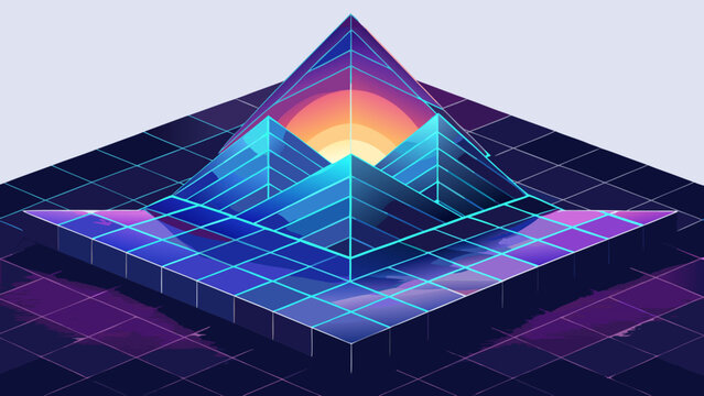Retro isometric mountain landscape with glowing sun and mesh grid isometric landscape mountains futuristic abstract graphics perspective synthwave retrowave background illustration