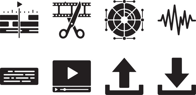 Video editing icons, multimedia symbols, play button, upload download signs, black vector graphics