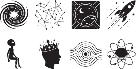 Space, astronomy, icons set, 8 black vector symbols © Nayeem