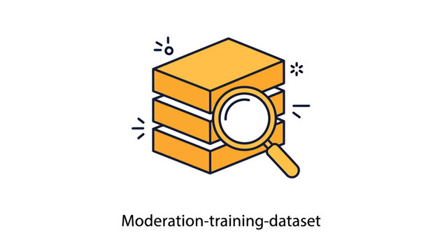Moderation training dataset conceptual icon featuring a stack of data files with a magnifying glass search tool moderation training magnifying information database analysis management business