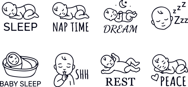 Cute baby sleeping icons set peaceful rest calm dream nap time sleep baby sleep objects.