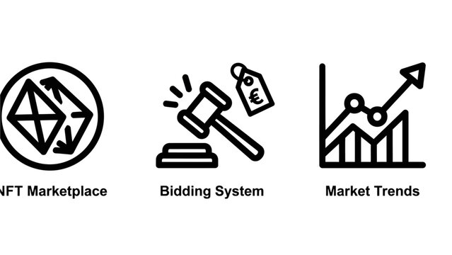 Financial market icons set showing nft marketplace symbol bidding system with gavel and rising market trends graph marketplace financial business investment illustration technology blockchain