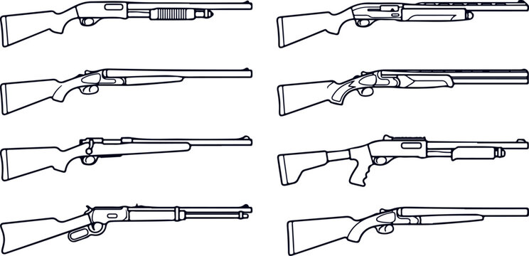 Rifle gun collection firearm icons vintage and modern shotguns hunting weapons for sport and defense.