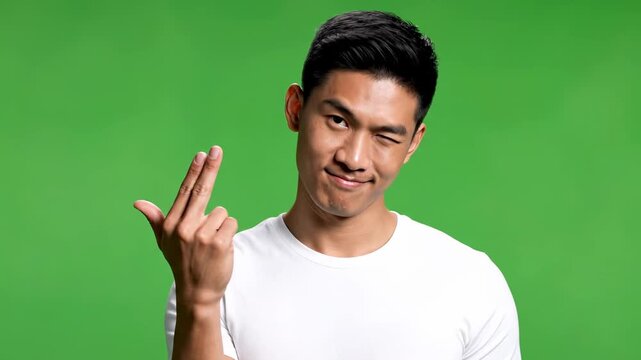 Young asian man gesturing come here sign with winking expression on green screen