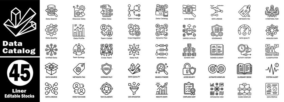 Data catalog liner editable stocks. Collection with linear icons, symbols, and graphics for data search management, organization analysis, and governance.