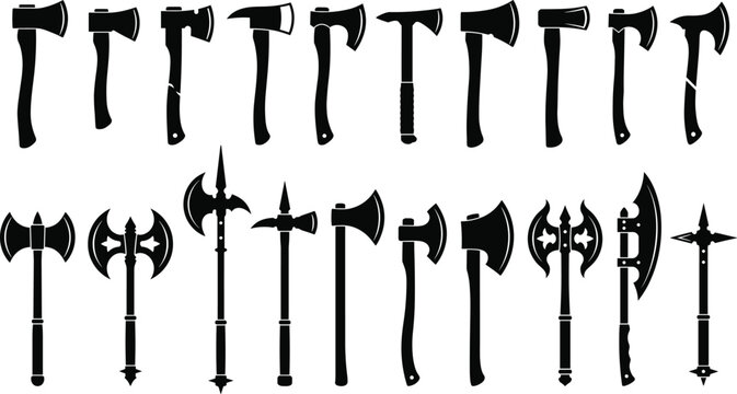 Black axe silhouettes, medieval hatchets, battle axes, tactical tomahawks, wood cutting tools, ancient weapons, equipment icons, lumberjack gear, viking blade.
