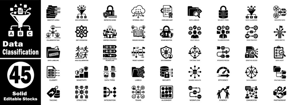 Data classification solid icons. Representing various categories of security and organizational structure for digital assets.