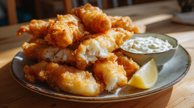 Crispy golden fried fish fillets served with creamy tartar sauce and a fresh lemon wedge on a plate
