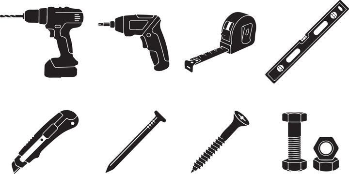 Black and white tool icons, construction equipment set, 8 vector graphics, toolbox collection