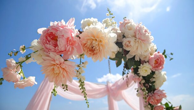Arch adorned with lush pink and white flowers against a bright blue sky