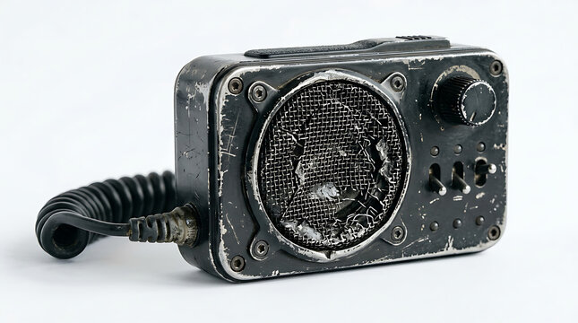 Isolated close up of a retro black and grey electronic speaker with coiled cord
